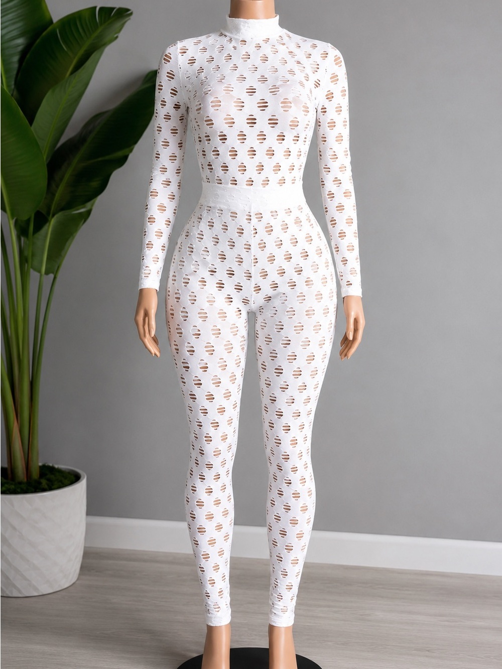 White Womens Long-Sleeve Cutout Two Piece